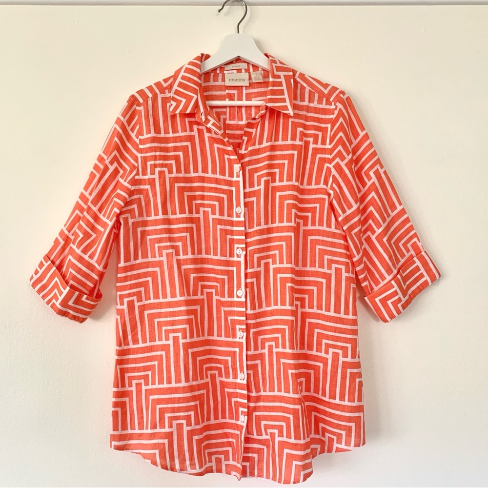 Chicos linen coral orange and white geometric design 3/4 sleeve tunic - Picture 6 of 16